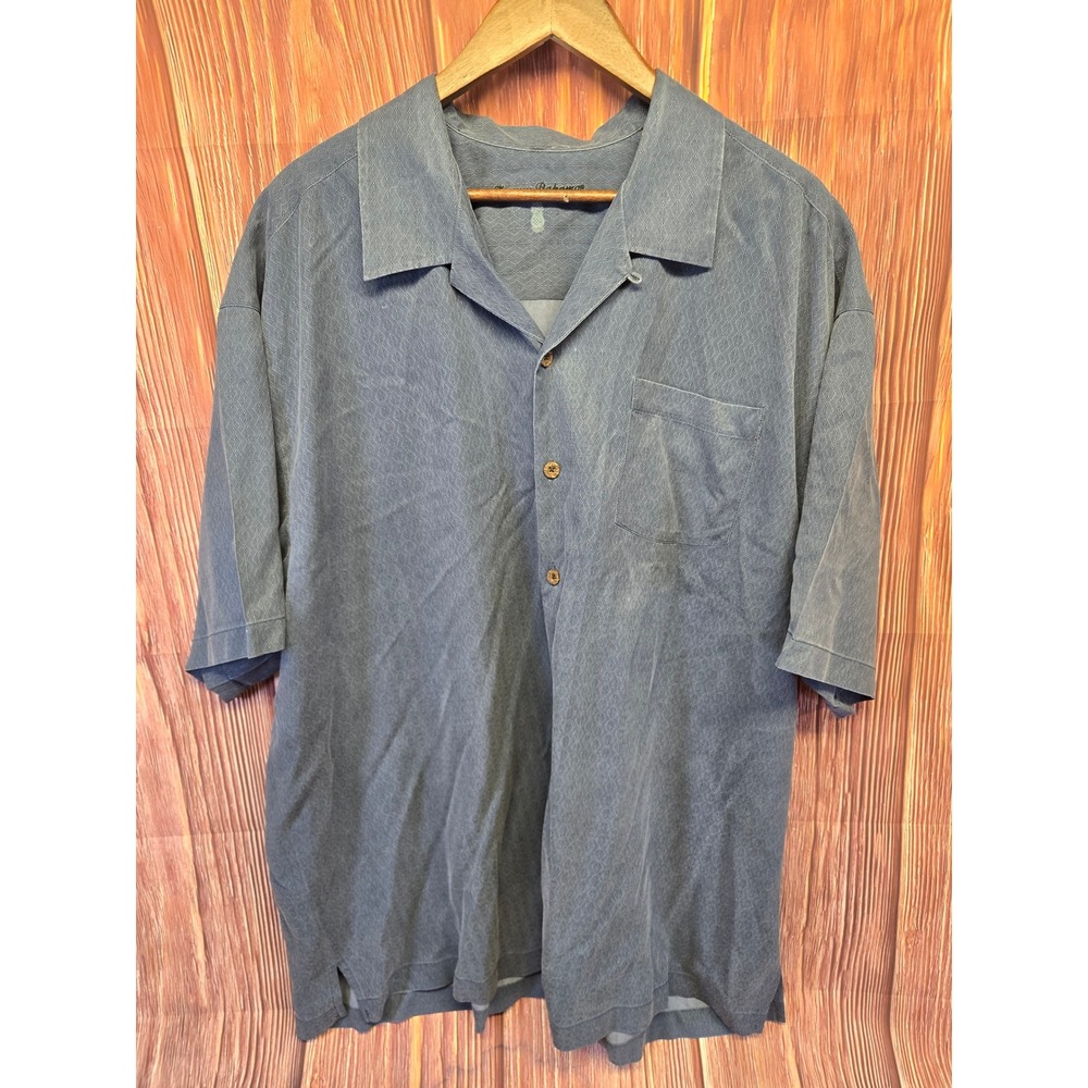 Tommy Bahama Shirt Mens XXL Blue Silk Geometric Jacquard S/S Camp Button Up - Picture 2 of 6